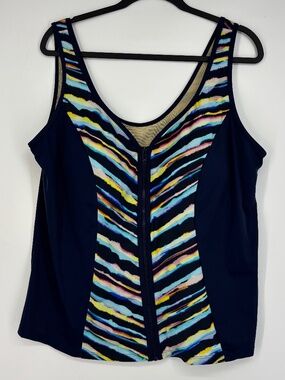 Swimsuits for All Womens 22 Tankini Swim Suit Top Blue Multi Zip Front Soft Cup